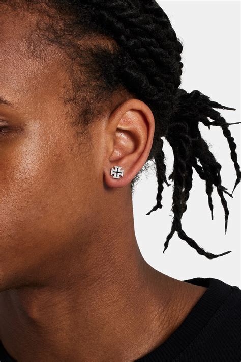 Black Enamel Cross Motif Stud Earrings | Mens Earrings | Shop Stud