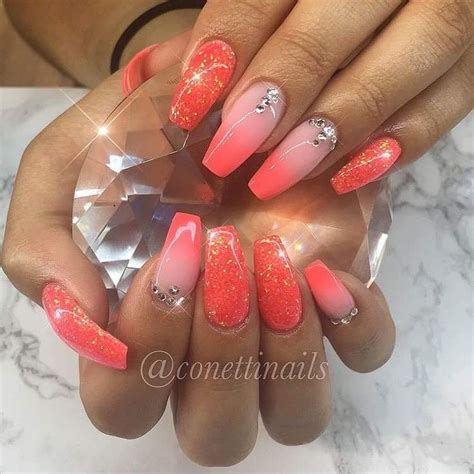 Coral Nails Glitter, Peach Colored Nails, Ombre Gel Nails, Orange Nails ...