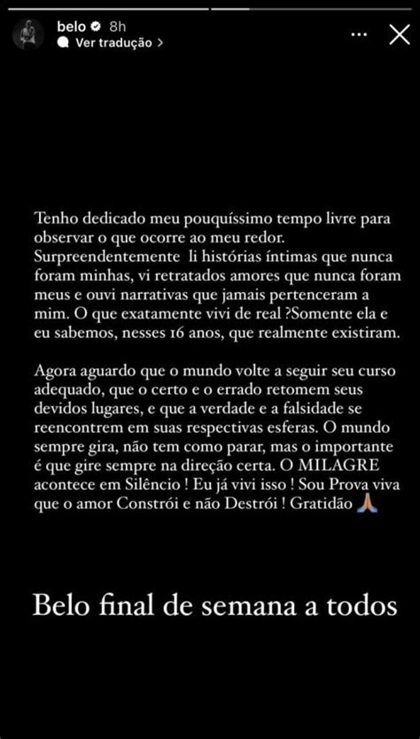 Belo surpreende com novo desabafo sobre separação de Gracyanne