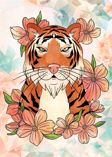 'Flower Tiger' Poster, picture, metal print, paint by NIZAM KHAN | Displate