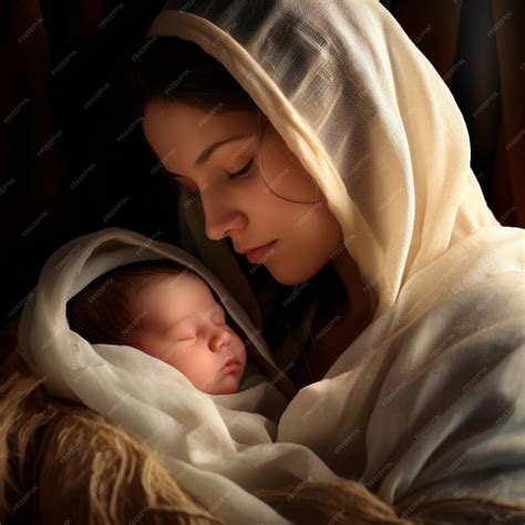 Mary holds the newborn Jesus in her arms in a heavenly scene of
