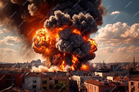 City explosion disaster catastrophe fire burning blast from terrorist ...