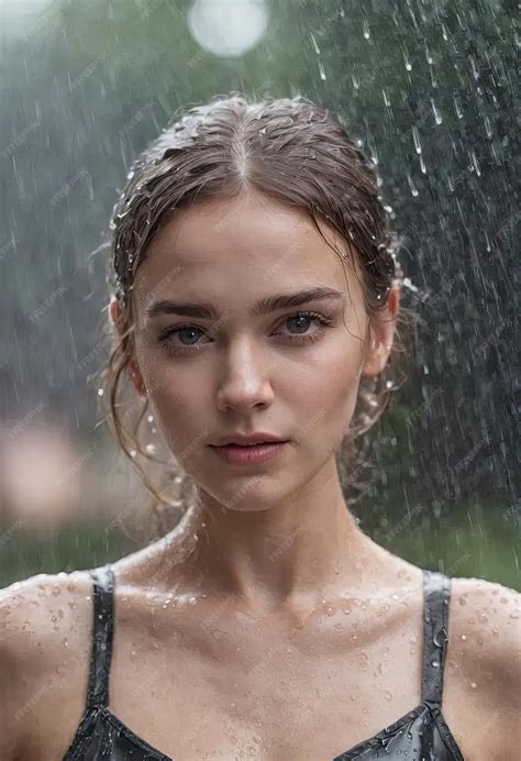 A woman with wet hair and a wet shirt is standing in the rain | Premium