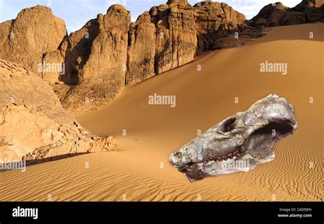 Fossilised skull of a mammal-like reptile. This skull (left) was from Probelesodon lewisi, a ...