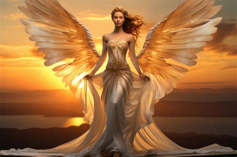 Premium AI Image | Woman with angel wings wearing white dress on rising ...
