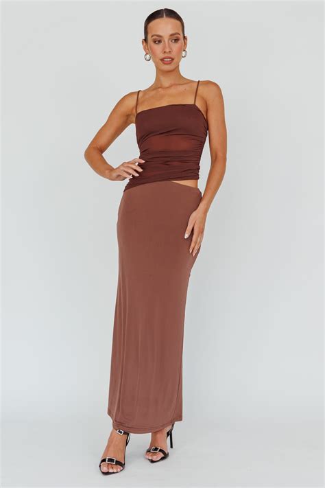 Shop the Lorely Ruched Bodice Midi Dress Brown