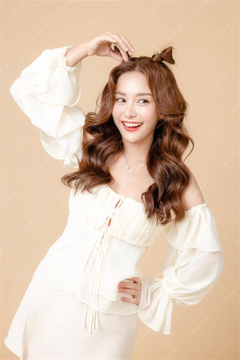 Young asian beauty woman curly long hair with korean makeup style on