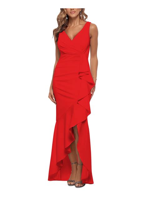 BETSY & ADAM Womens Red Stretch Zippered Ruffled V-back Hi-lo Hem Lined