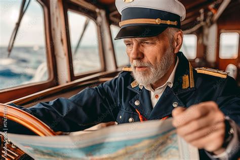 experienced male ship captain  uniform  hat navigating