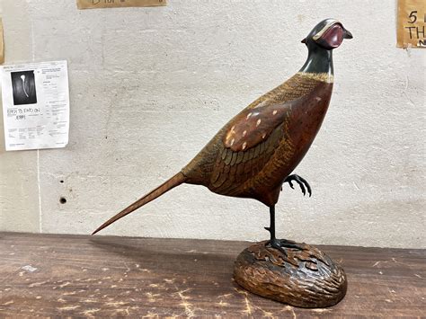 TOM TABER Ringneck Pheasant Wood Hand Carved Decoy Statue 30" x 23