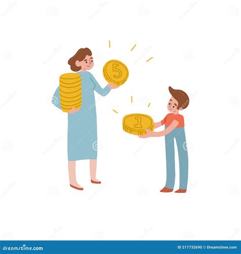 Mom Gives Her Son Money. the Woman and the Boy are Holding Money