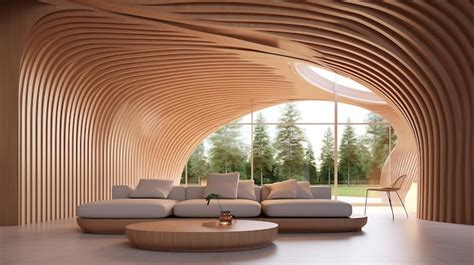 Interior design of modern living room with abstract wooden arched ceiling and wall with curved ...