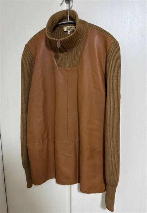 HERMES エルメス ハーフジップ レザー 切替 シルク カシミヤ ニット トップス
