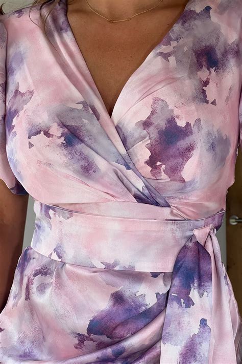 Drew Puff Sleeve Wrap Front Midi Dress Purple Marble