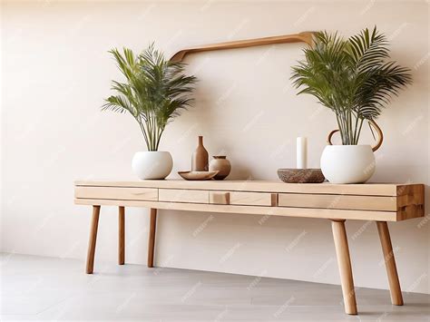 Premium Photo | Rustic wood console table against beige stucco wall