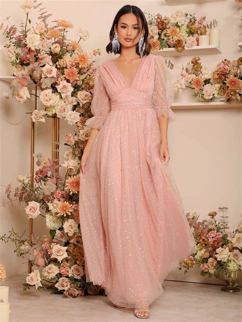 SHEIN Puff Sleeve Mesh Bridesmaid Dress | Mesh bridesmaids dress