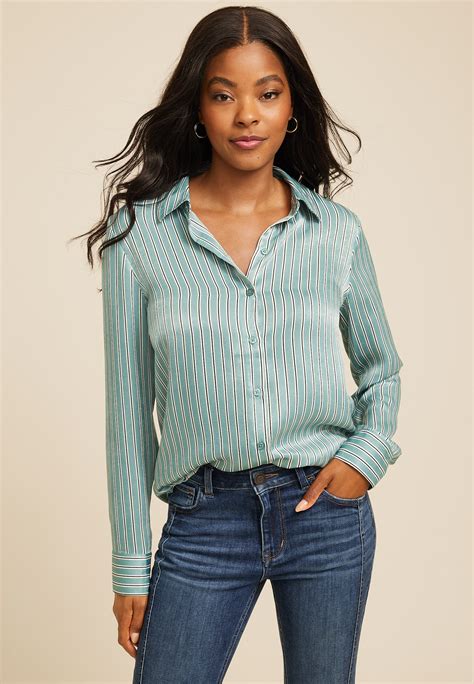 Winona Striped Satin Button Down Blouse | maurices