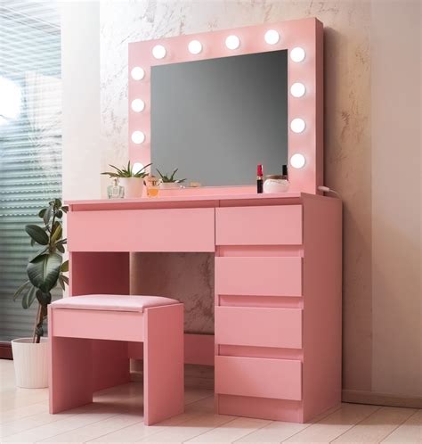 Aga öltözőasztal tükörrel és világítással + zsámoly Pink - Aga24