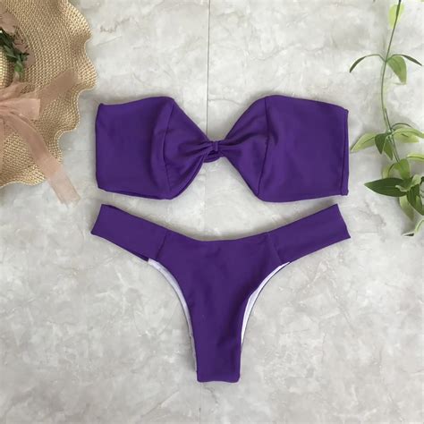 Sexy Brazilian Bikini Set Purple Bowknot Off Shoulder Swimwear Women