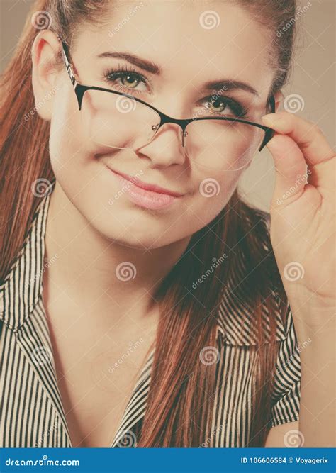 Happy Business Woman Wearing Eyeglasses and Shirt Stock Photo - Image