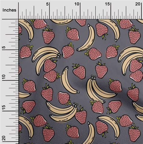 oneOone Silk Tabby Gray Fabric Banana & Strawberry Fruits Sewing