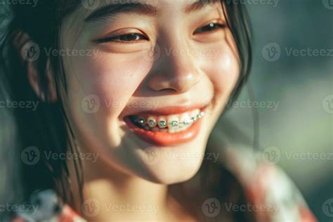 AI generated Teen Asian woman with braces smiling mouth close up The