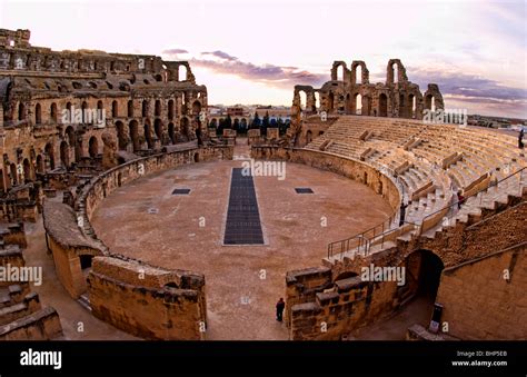 Inside famous El Jem Roman Amphitheater, third largest in world in El