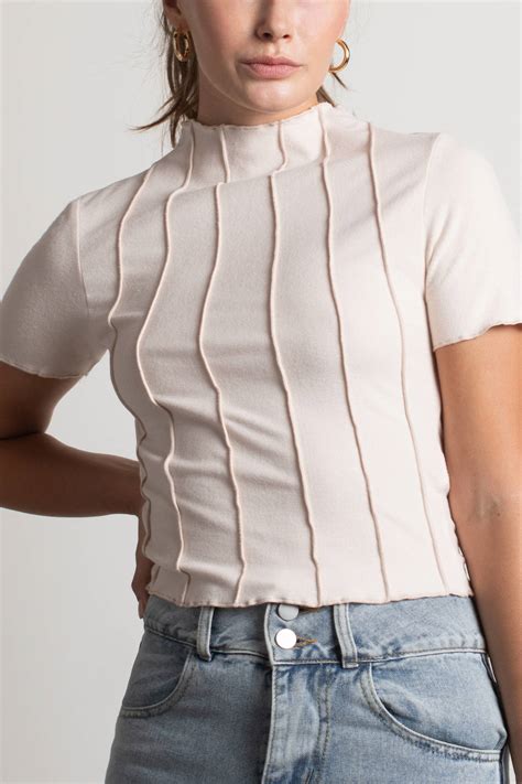 Light Pink Shirt Top - Exposed Stitch Mock Neck Top - Short Sleeve Shirt