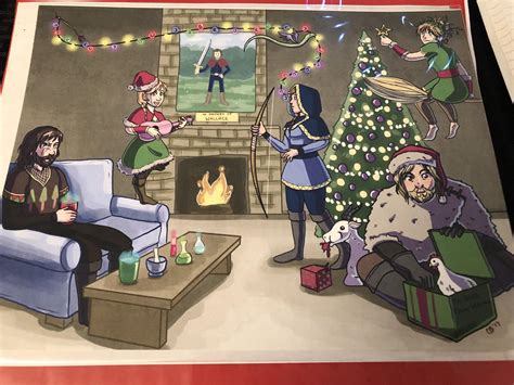 One of my party members sketched our party celebrating the holidays