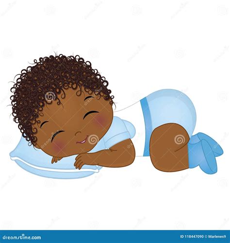 Vector Cute African American Baby Boy Sleeping. Vector Baby Boy Shower