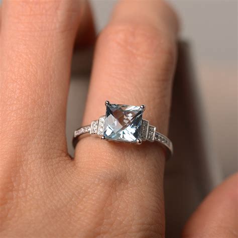 Aquamarine Ring Square Aquamarine Engagement Ring March - Etsy