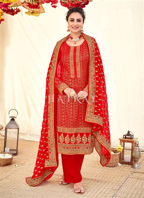 Buy Salwar Kameez | Bridal Red Embroidered Georgette Wedding Salwar Kameez