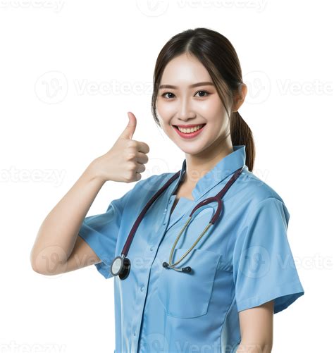 Beautiful Female Asian Nurse Thumbs Up Isolated on Transparent