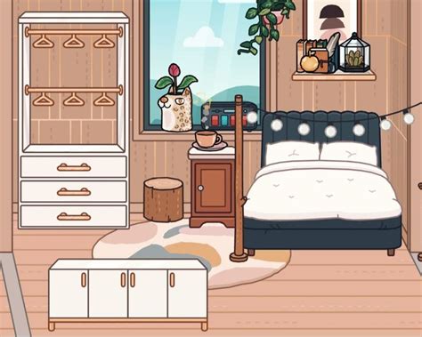 a bedroom with a bed, dresser and window in the corner next to a plant