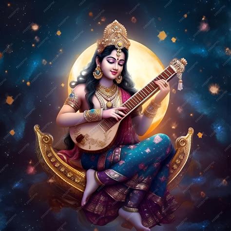 Premium AI Image | Lord Saraswati with Veena on her hand sitting on