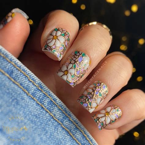 press  nails hand painted stained glass floral flowers fairycore
