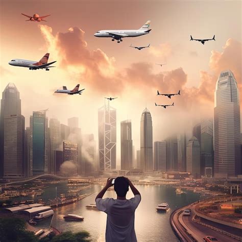 Premium AI Image | A man looking at airplane flying over the city 3D ...