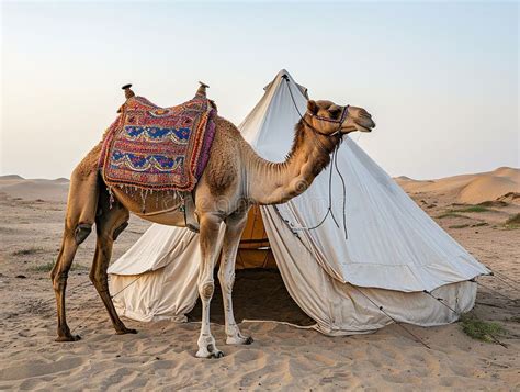 Camelo Ao Lado Da Tenda Branca No Deserto Ilustração Stock - Ilustração ...