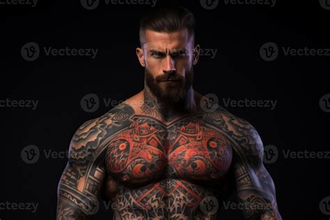 Confident man with muscular body tattooed on black background. 28080895