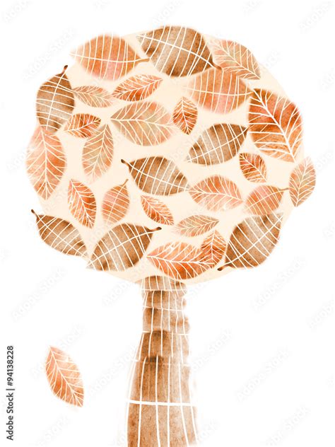 Autumn abstract tree with falling leaf isolated on white background ...