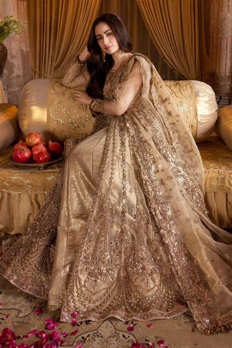 pakistani antique gold embroidered open lehenga bridal dress nameera
