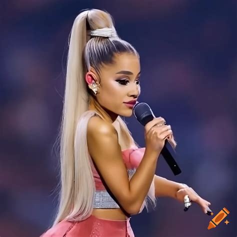 Live performance portrait of Ariana Grande with blonde high ponytail on ...
