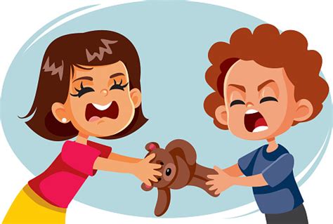 Stock ilustrace Děti Hádající Se Nad Teddy Bear Toy Vector Cartoon ...