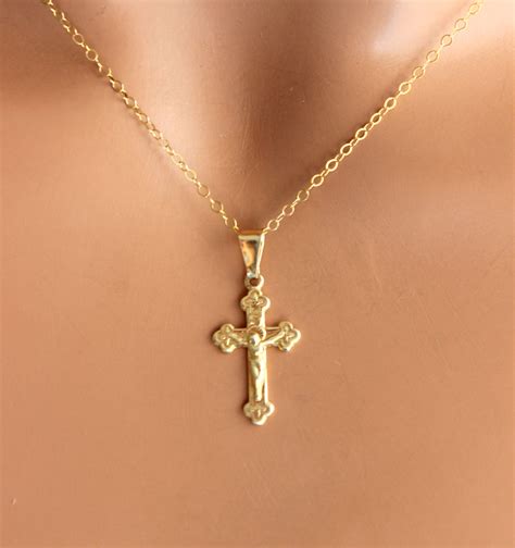 Gold Crucifix Cross Necklace Women Girls Gold Filled Charm | Etsy