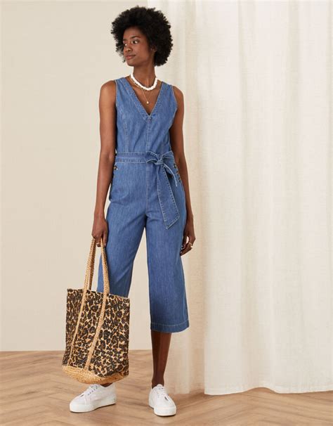 Cropped Denim Jumpsuit Blue