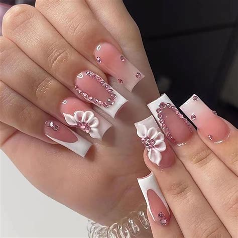 Amazon.com: French Tip Press on Nails White Flower Fake Nails Square