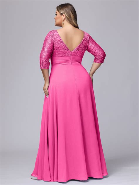 A-line V-Neck 3/4 Sleeves Lace Chiffon Plus Size Bridesmaid Dresses