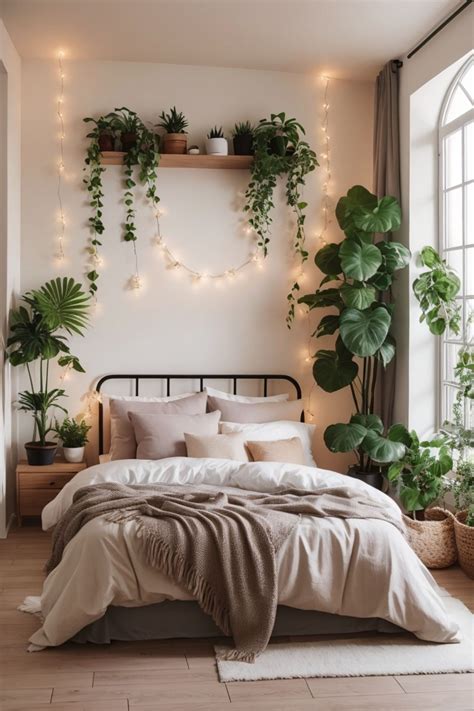 Sustainable Bedroom with Plants and Lights