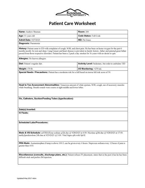 Andrew Shuman - Simulation. - Patient Care Worksheet Updated May 2017