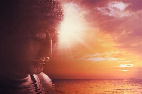 Premium Photo | Asian buddha face sign of peace quiet calm with sunset ...